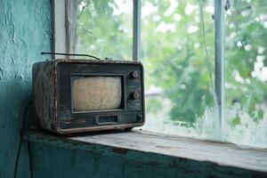 Whispers of nostalgia from the dusty radio resting by the window in the forgotten room photo