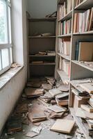 Dusty bookshelf reveals neglect and fading interests in forgotten hobbies photo