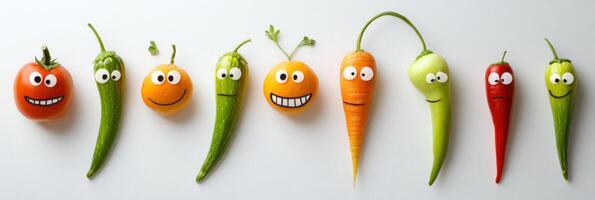 Comical fruit and veggie faces showcase amusing expressions in a minimalist arrangement photo