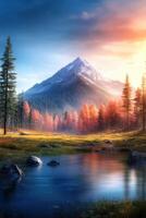 Dramatic landscape showing towering mountains surrounded by vibrant valleys under a colorful sunset sky photo