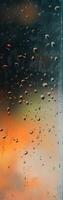 Rain-soaked glass window with droplets and blurred background for text layers during a rainy evening photo