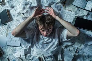 Overwhelmed student battles stress in a chaotic classroom filled with textbooks and scattered papers during late-night study session photo