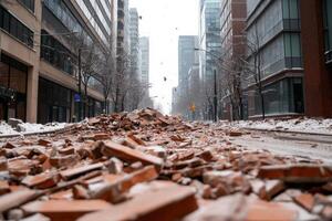 Crowded street buried under debris after building facade collapses due to heavy spring rains photo