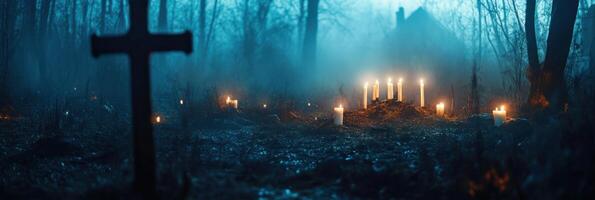 Midnight scene capturing the somber mood of a lost era in a misty graveyard with flickering candles photo