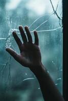 Longing for connection as a hand reaches through a cracked window into the world beyond during moments of isolation and solitude photo