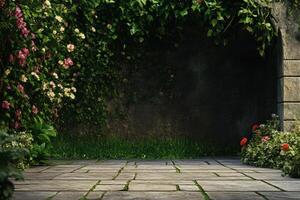 Soft-focus garden background with realistic lighting and space for text in a studio setting photo
