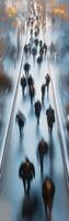 Urban crowd moving through a futuristic corridor in a blurred urban landscape with spatial depth photo