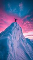 Reaching the Summit A Moment of Triumph Under a Fiery Sky. Man Enjoying View From the Top of a Snowy Mountain. photo