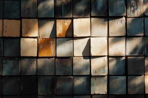 Modern brick wall featuring a weathered surface with balanced lighting in an urban setting photo