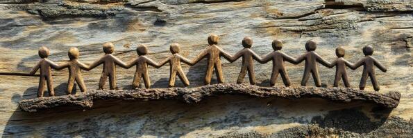 Visual representation of teamwork and friendship through connected figures on a rustic wooden surface photo