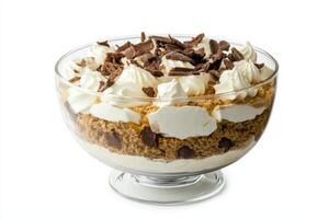 Delicious trifle dish with layers of cream, chocolate, and cookies on a clean white background photo