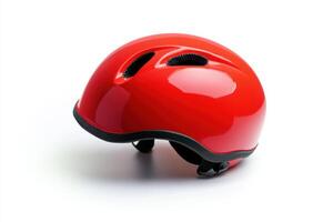 Bright red kids helmet isolated on white background with sharp details and realistic lighting photo