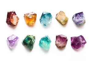Fluorite mineral samples arranged in a clean layout showcasing vibrant colors and unique shapes photo