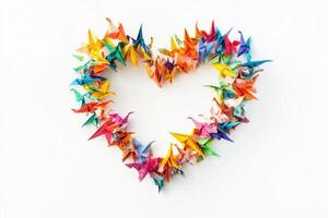 Colorful origami cranes create a heart shape on a pristine white background for a vibrant Valentines Day display photo