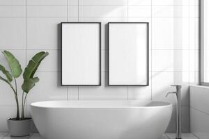 Clean white frames mounted on tiled bathroom wall with soft shadows creating a modern aesthetic photo