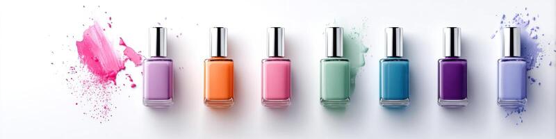 Whimsical nail polish bottles create a vibrant and colorful artistic representation for copy space photo