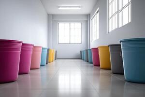 Bright room filled with colorful laundry baskets along the walls creating a lively atmosphere for chores photo