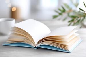 Bright and colorful composition featuring an open book with blank pages for creative writing and note-taking photo