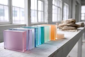 Bright and colorful stacked window panes in a contractor workspace with space for text photo