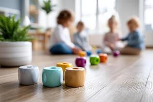 Bright educational toys create an engaging and colorful environment for children learning together in a playroom photo