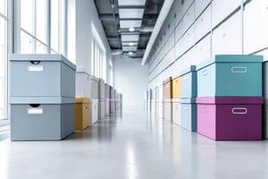 Colorful archive boxes fill a modern storage room with a spacious, organized layout and bright atmosphere photo