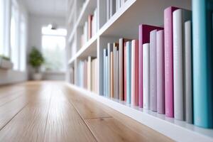 Colorful room with neatly arranged art books creating an inviting atmosphere for creativity photo