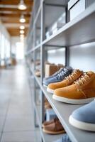 Bright and cheerful garage with organized footwear displays and open space for activity photo