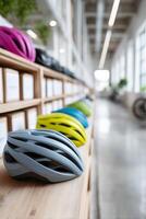Cheerful garage with neatly arranged bicycle helmets and spacious middle area for activities photo