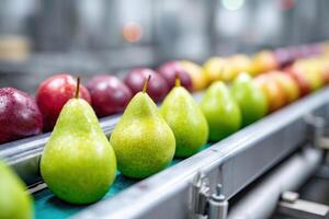 Colorful pear products showcased in manufacturing process with close-up details and vibrant setting photo