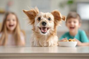 Dinner time chaos with a playful dog jumping at the table while children laugh and enjoy their meal photo