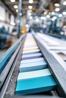 Close-up of printing press producing colorful book pages in lively factory setting with vibrant activity photo