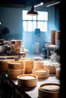 Vibrant dumpling factory showcasing production process and steaming pots on a bright day photo