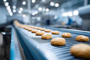 Bright and vibrant view of cookie production facility with various cookie varieties on the conveyor photo