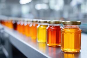Colorful jars of honey in production setting showcase diverse varieties and textures photo