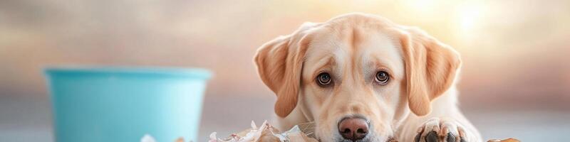 Dog displays guilty expression while rummaging through trash can with scraps scattered around photo