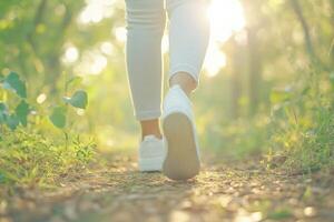 Enjoying a peaceful walk on a forest path surrounded by greenery and sunlight photo