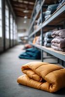 Vibrant garage displaying a wide selection of colorful sleeping bags on shelves with ample space for exploration photo