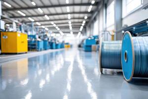 Bright and colorful view of a cable manufacturing facility with advanced machinery and ample workspace photo
