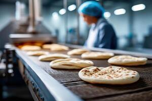 Flatbread production in a colorful manufacturing environment highlighting various products photo