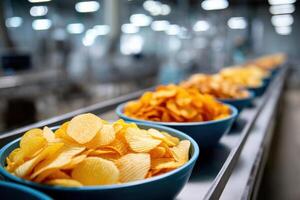 Vibrant display of gluten-free chips during production in a bustling factory setting photo