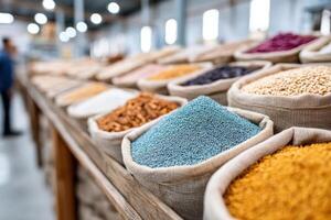 Drying process featuring diverse dried products in a colorful manufacturing environment photo