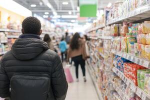 Diverse group of customers shopping in a lively grocery store aisle with colorful products photo