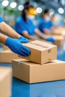 Efficient team packaging products on production line in modern facility setting photo