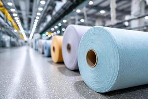 Bright and colorful interior of a fabric fiber manufacturing facility with various textures and materials photo