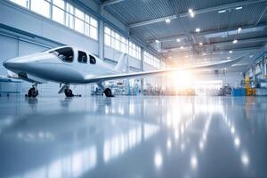 Bright light aircraft manufacturing with various components on display photo