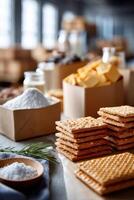 Production process for crackers showcasing colorful varieties and raw ingredients in a bright factory environment photo