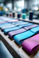 Vibrant belts arranged neatly in a creative factory environment showcasing craftsmanship and variety of colors photo