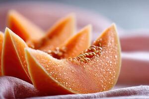 Bright and colorful close-up of fresh melon slices showcasing vivid texture and details photo
