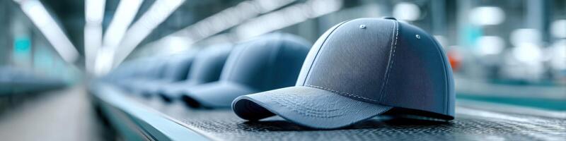 Dynamic production process of baseball caps in a bright factory environment with space for text photo