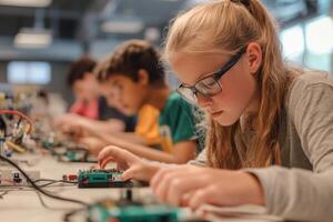 Diverse students engage in hands-on technology skills learning in a classroom setting photo
